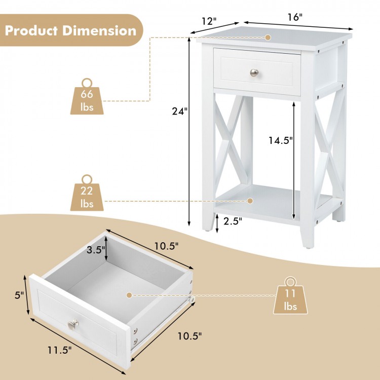 White storage end bedside nightstand with a slide-out drawer and bottom shelf, perfect for any room decor.